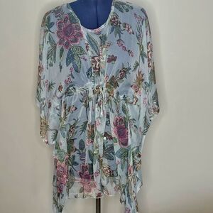 Sunflower Kaftkan NWT BOHO Floral Sheer Butterfly Top Cinch Waist